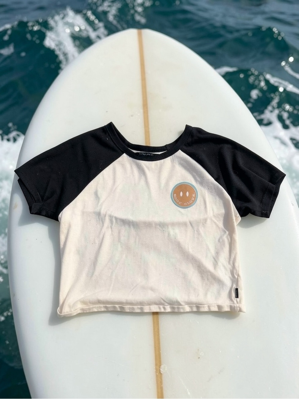 Body Glove Juniors Two-Tone Raglan Tee with Smiley Patch - Black & Cream